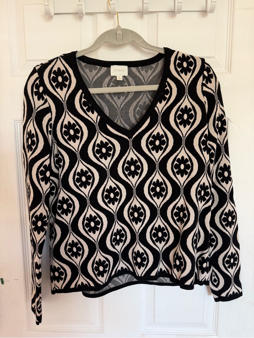 Cyrus Black & Cream V-Neck Graphic Knit Sweater